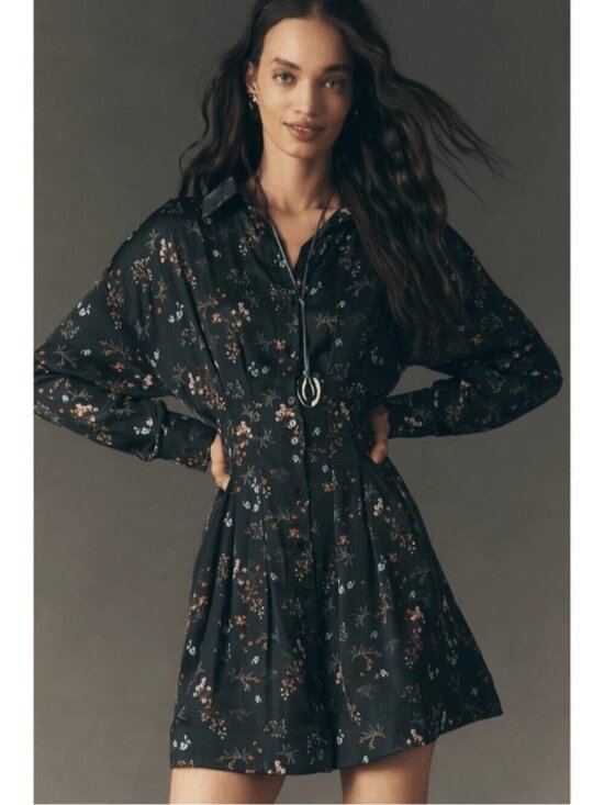 Anthropologie Dresses & Skirts - NWT Size L -The Tobie Long-Sleeve Satin Mini Shirt Dress by Exquise (US$198)